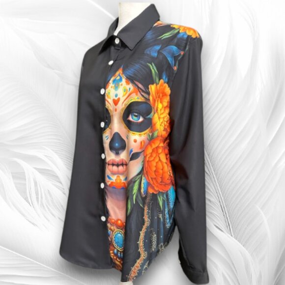 Black Women's Shirt with Colorful Pattern on the Front Halloween Style Size: L - Picture 1 of 5